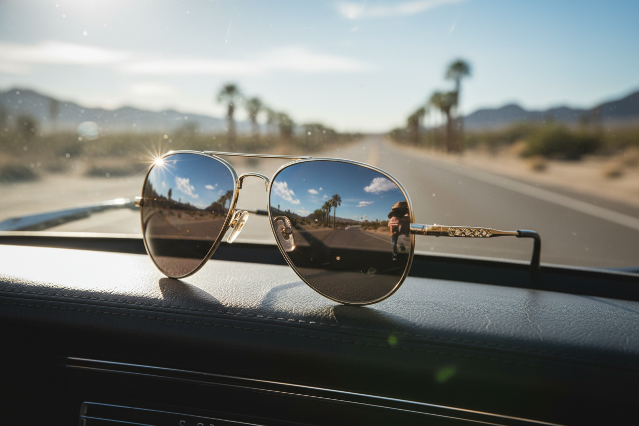 Aviator sunglasses with teardrop lenses in bright daylight