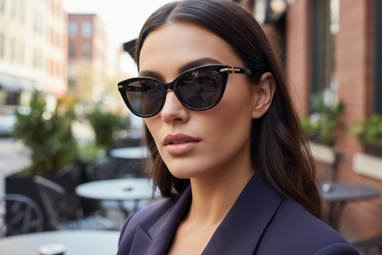 Woman wearing cat-eye sunglasses in a city setting
