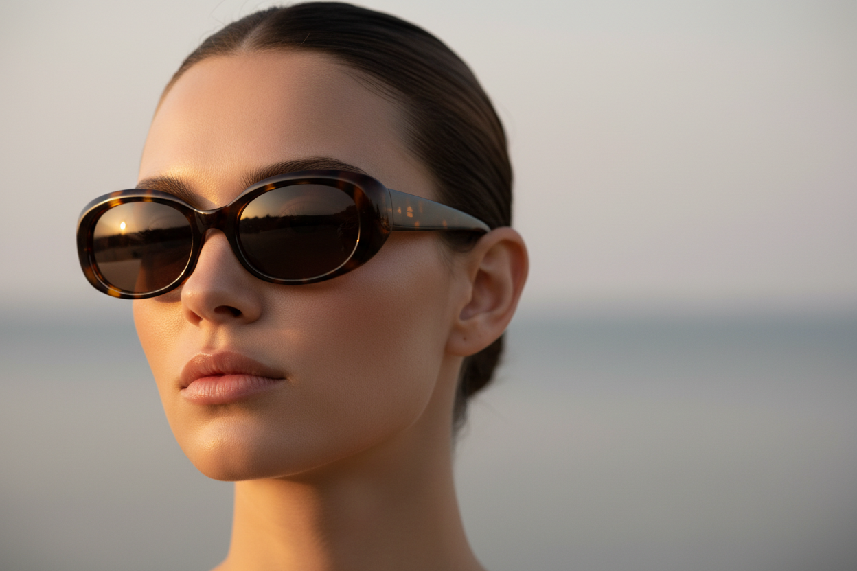 Model wearing premium oval sunglasses in soft natural light