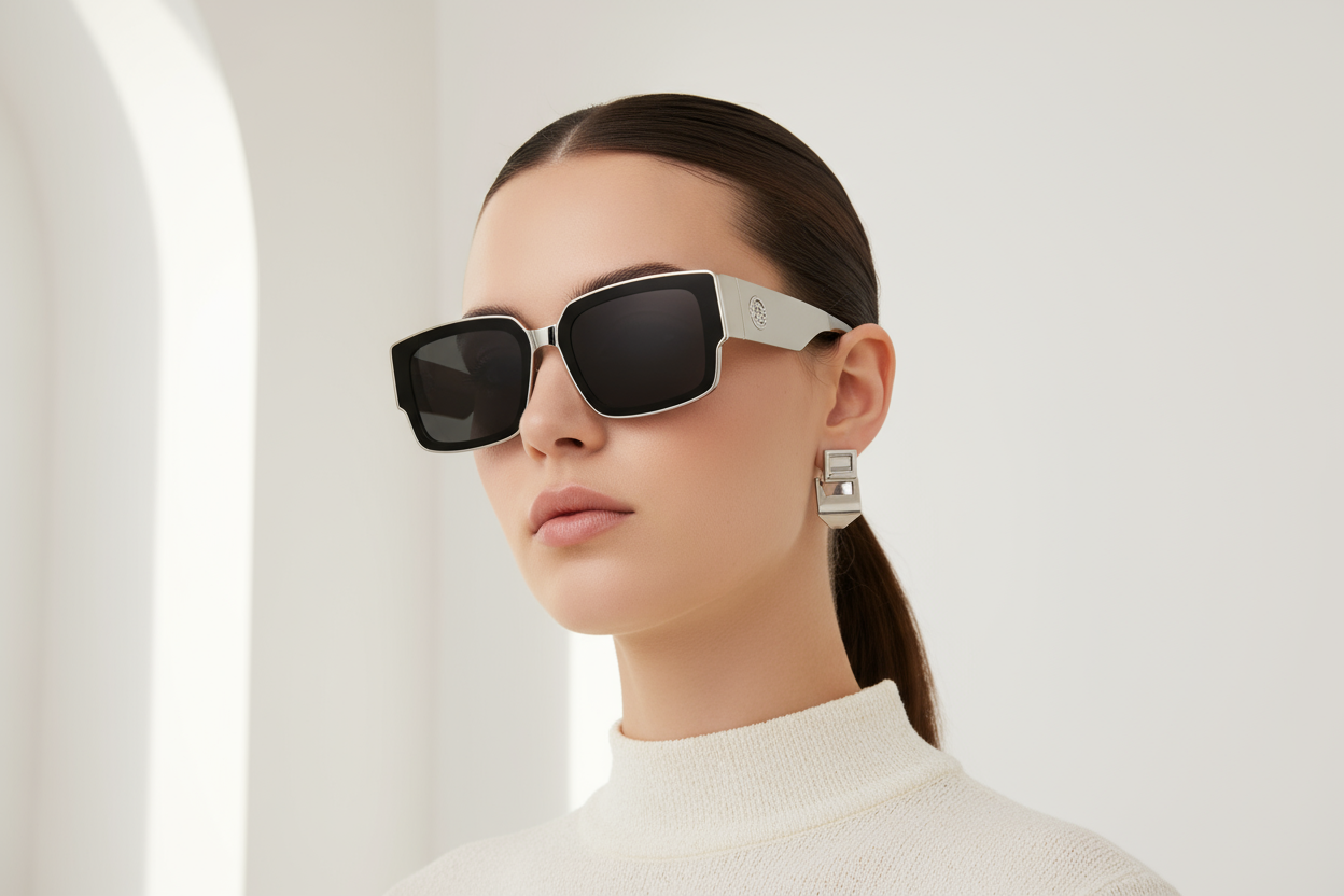 Person wearing rectangular sunglasses in a modern setting