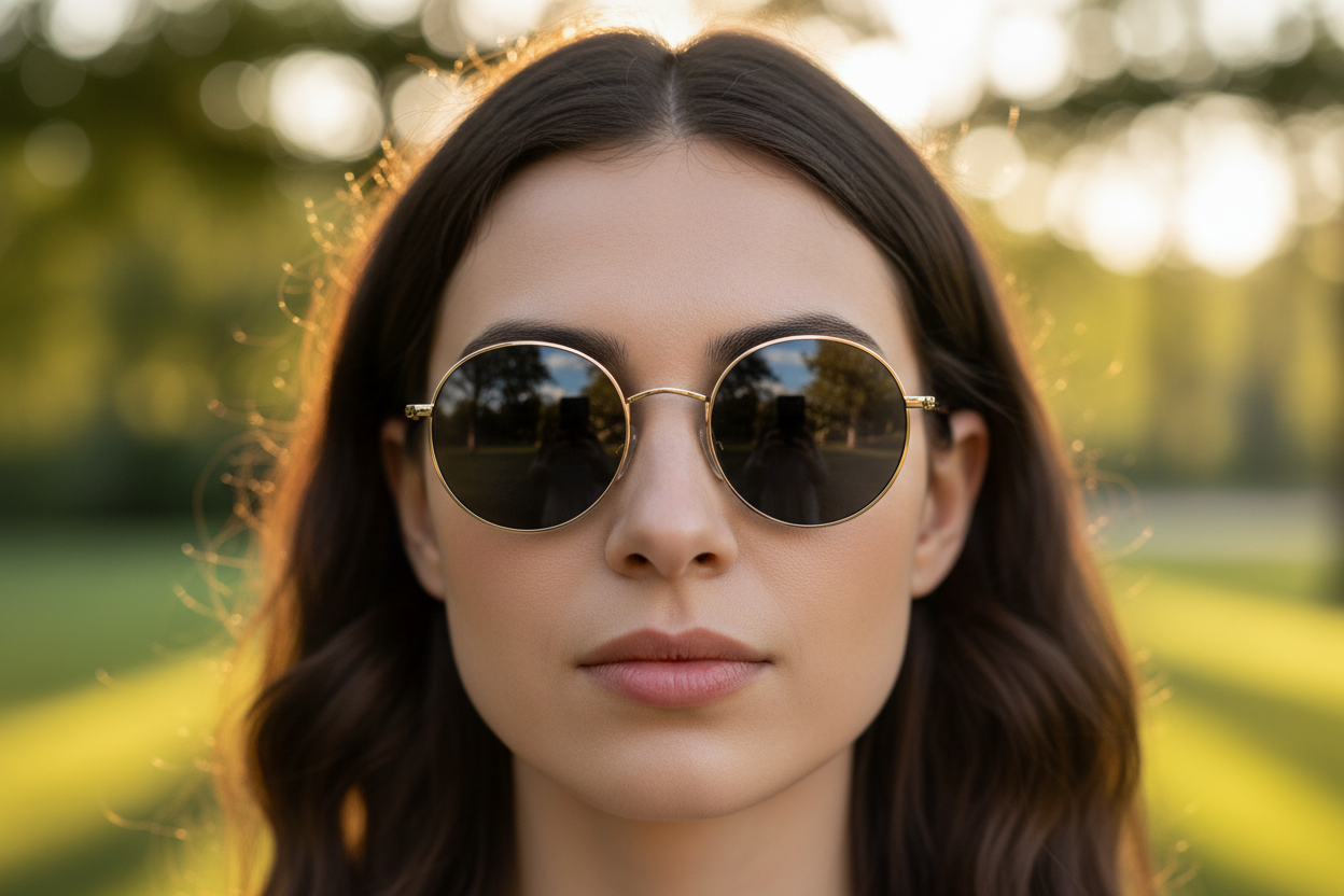 Person wearing round sunglasses in soft outdoor light