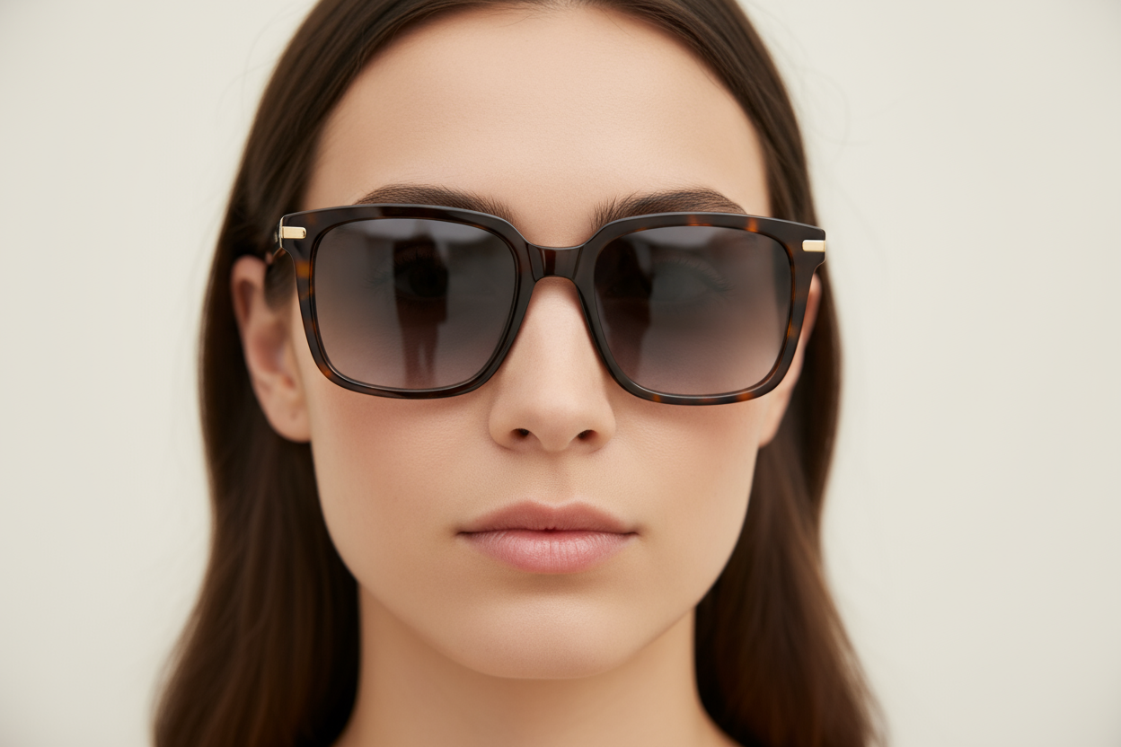 Close-up of a person wearing square sunglasses