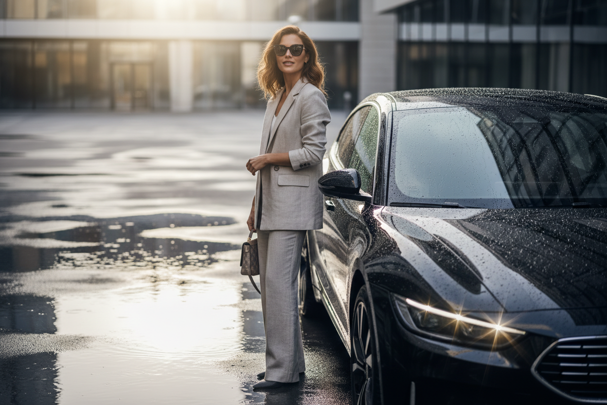 Person wearing polarized sunglasses near reflective bright light outdoors
