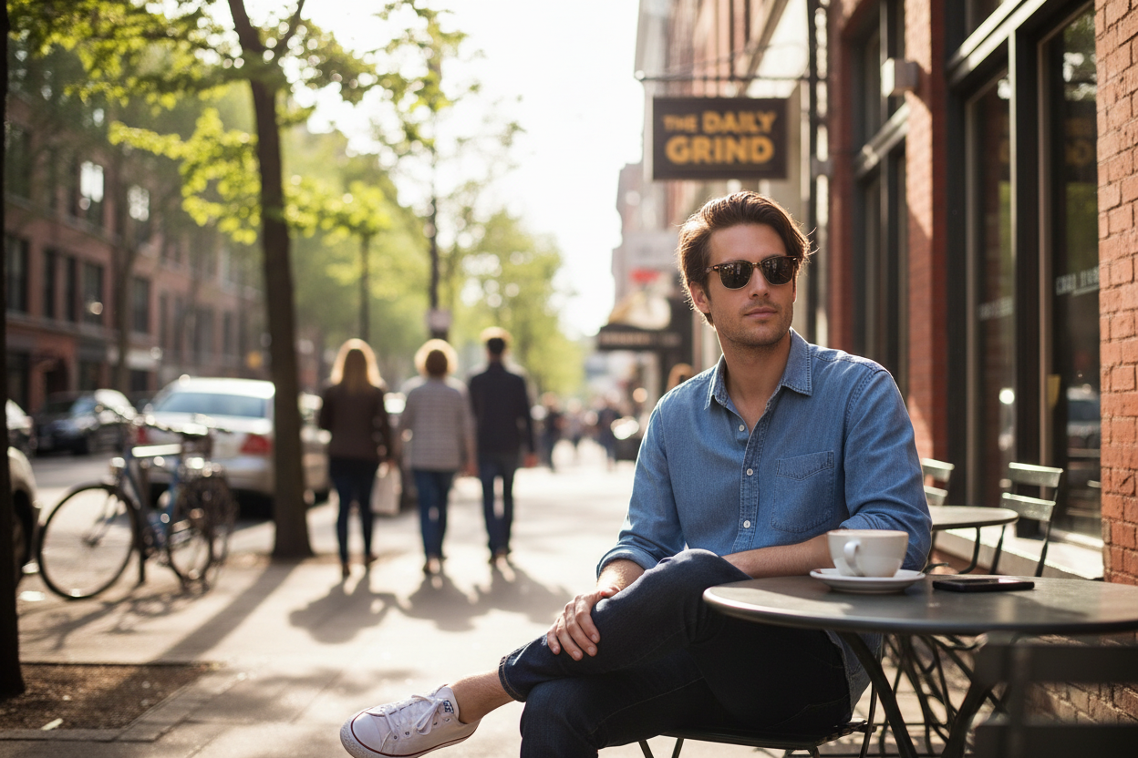 Person wearing Fossil sunglasses in a relaxed everyday setting