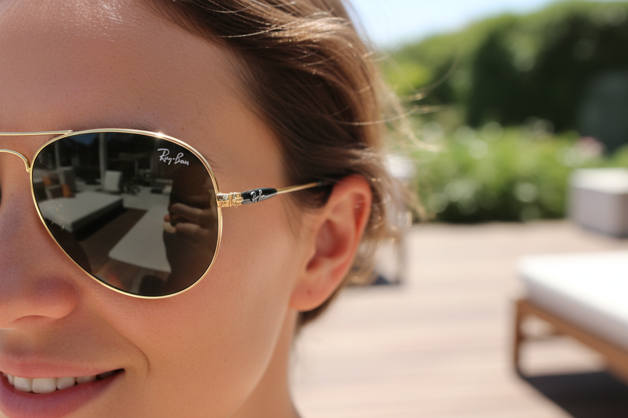 Person wearing authentic Ray-Ban sunglasses in natural light