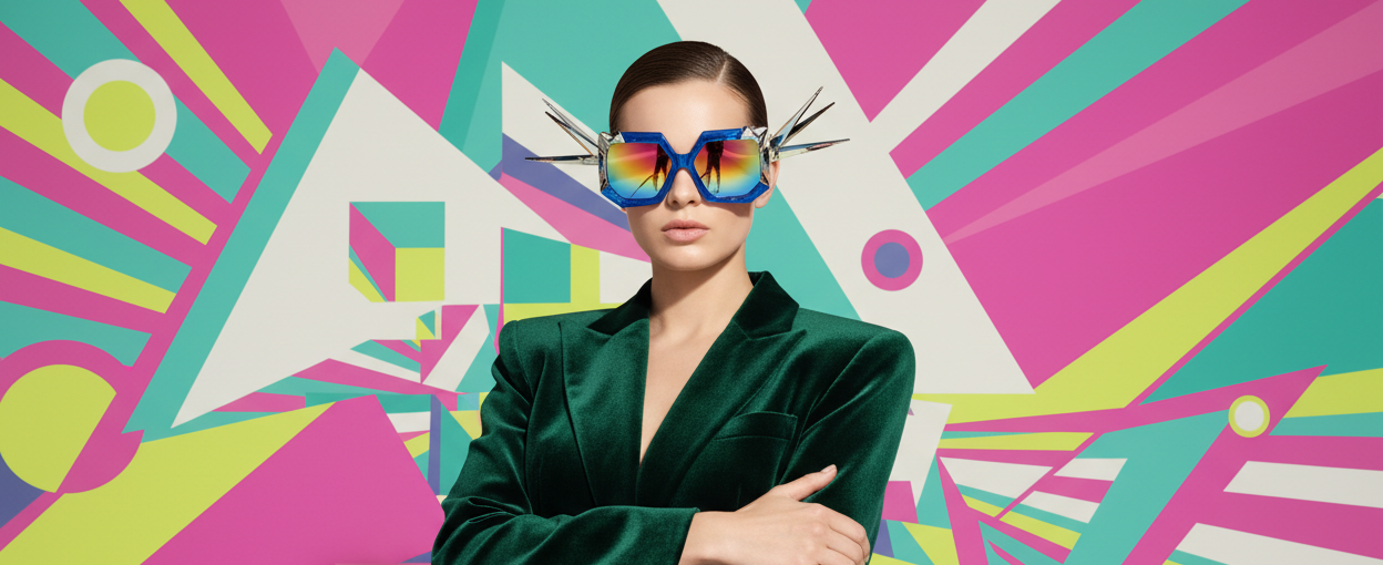 Model wearing bold Marc Jacobs sunglasses in a stylish setting