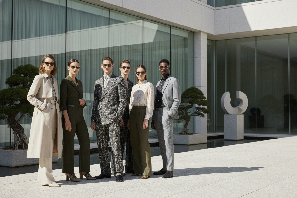 Group of people wearing different premium branded sunglasses in natural daylight