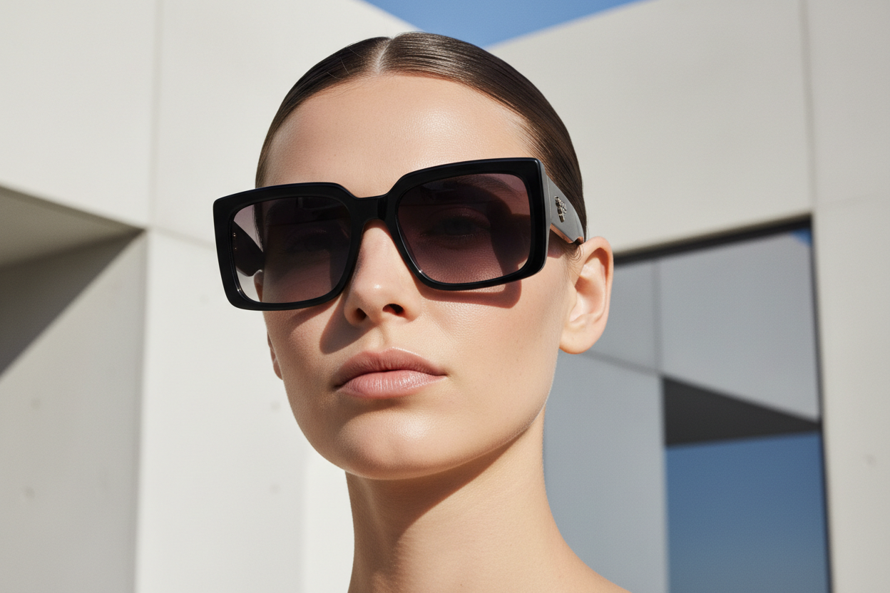 “Model wearing luxury Prada sunglasses in a modern architectural setting