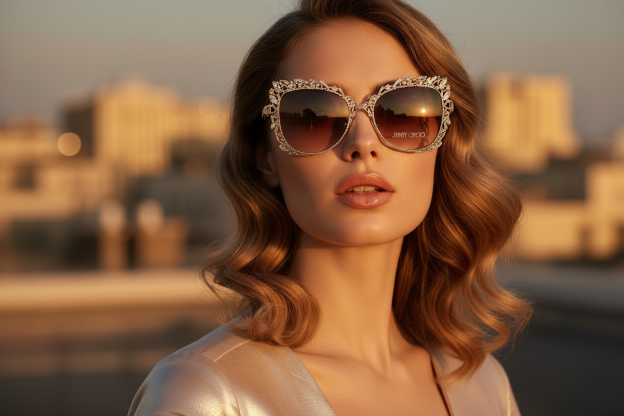 Model wearing glamorous Jimmy Choo sunglasses in soft evening light