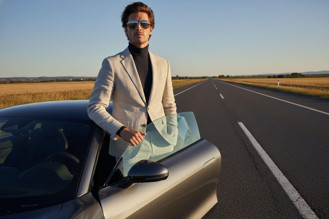 Person wearing Carrera sunglasses standing near a car