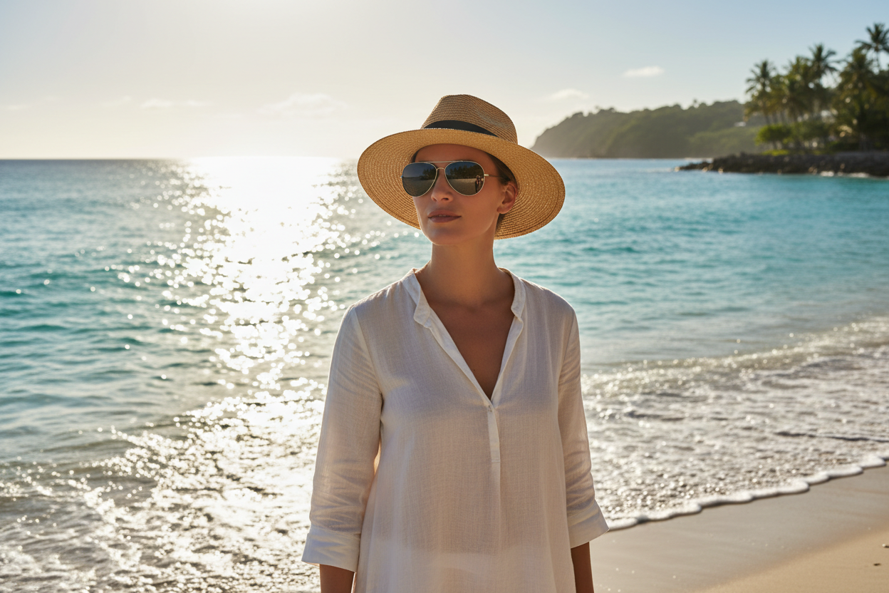 “Person wearing polarized sunglasses near bright reflective water