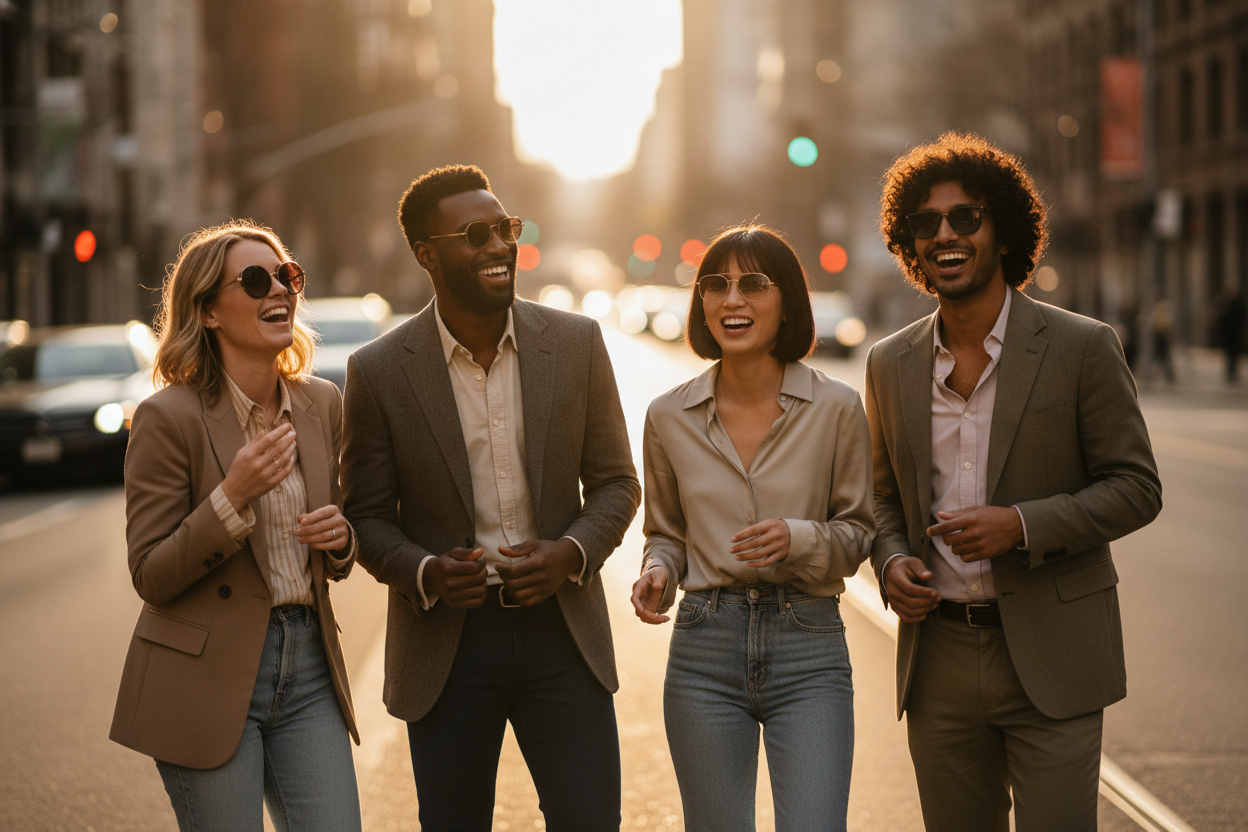 Diverse group wearing premium unisex sunglasses in urban setting - wayfarer, aviator and round frames for all genders