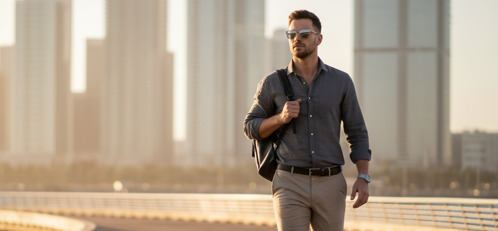 Man wearing premium sunglasses outdoors in a modern city setting
