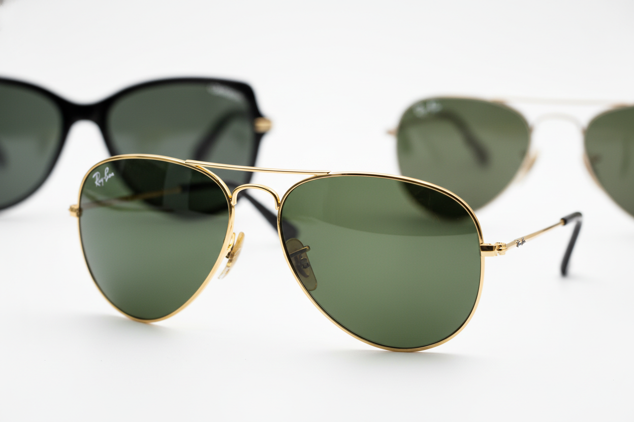 Close-up of a best selling pair of sunglasses with more frames blurred behind