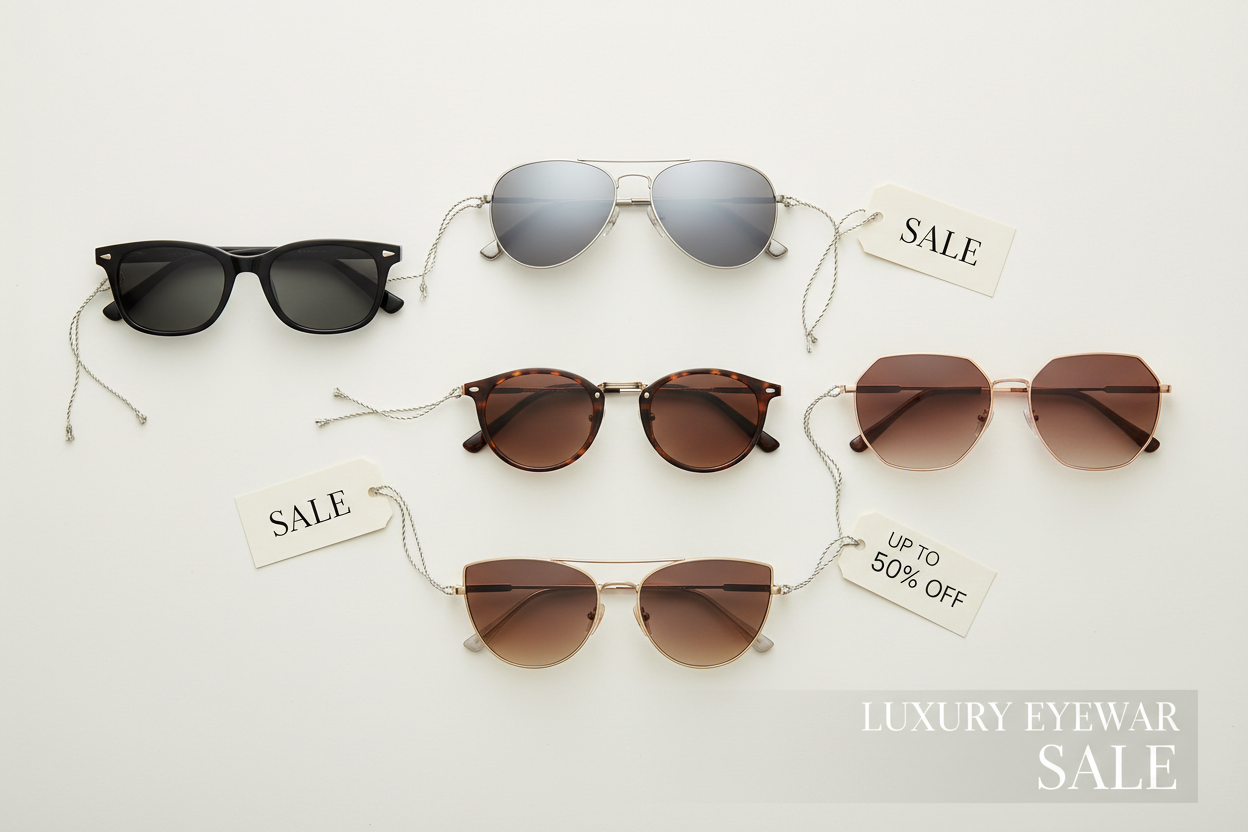 Multiple pairs of premium sunglasses arranged on a clean surface