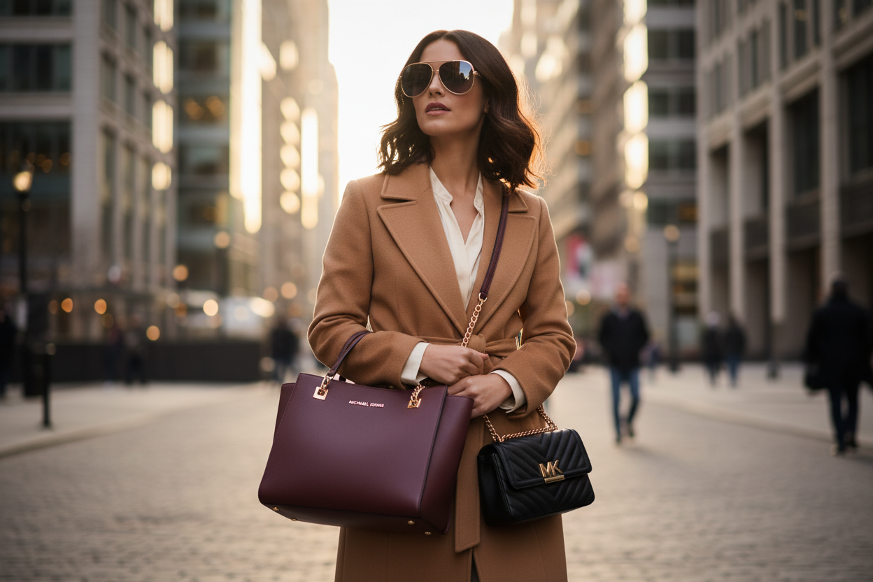 Woman in city street wearing Michael Kors sunglasses