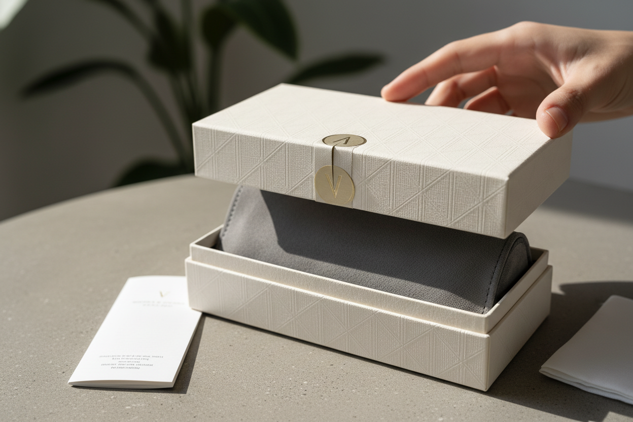 a soft, lifestyle image (unboxing, sealed box, close-up of eyewear packaging).
Image must maintain a modern, editorial feel. Avoid cheesy stock photography.