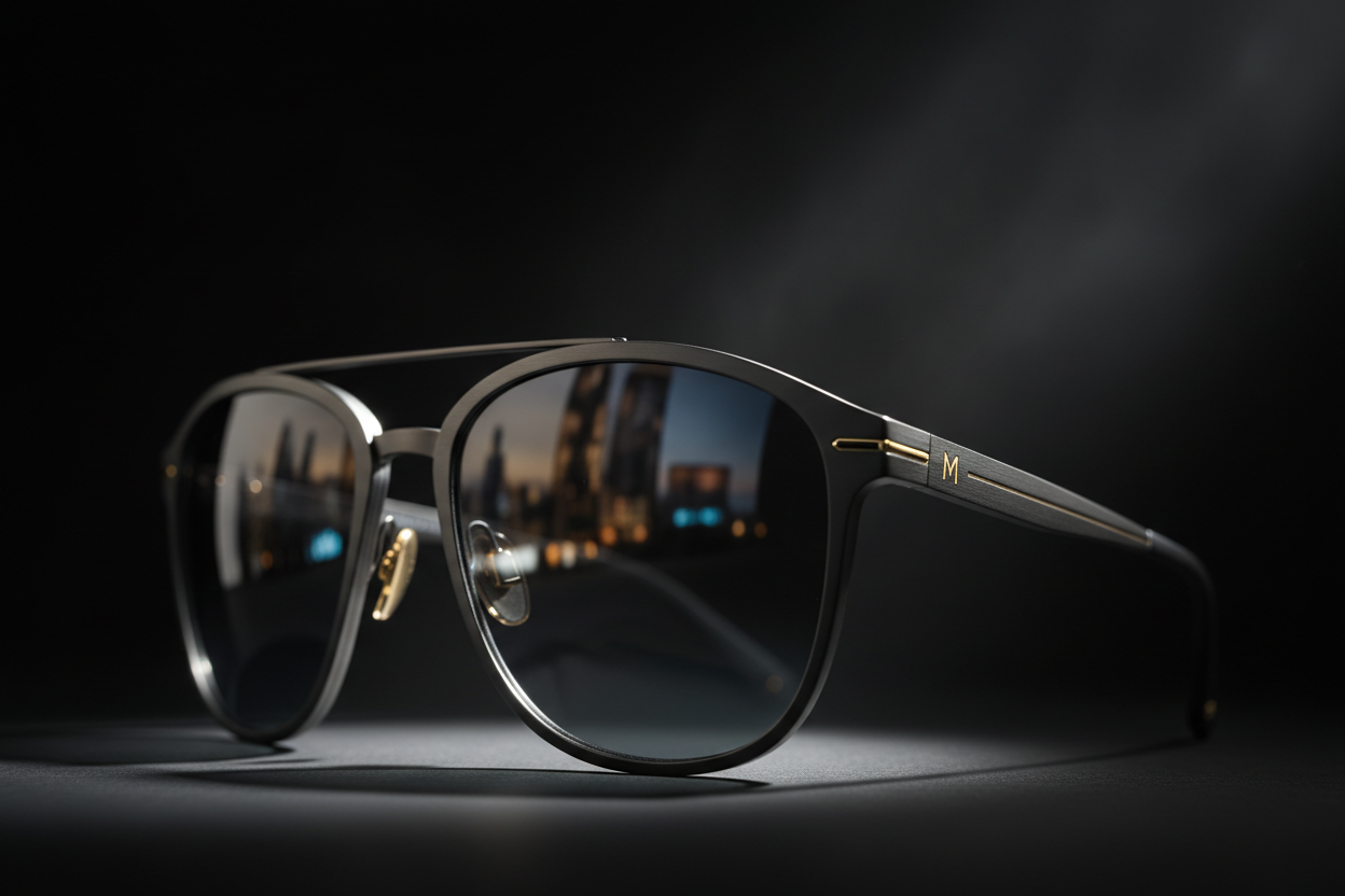 Full-width hero with a dark, cinematic background (studio shot of a premium frame, close-up on lens / hinges of SUNGLASSES