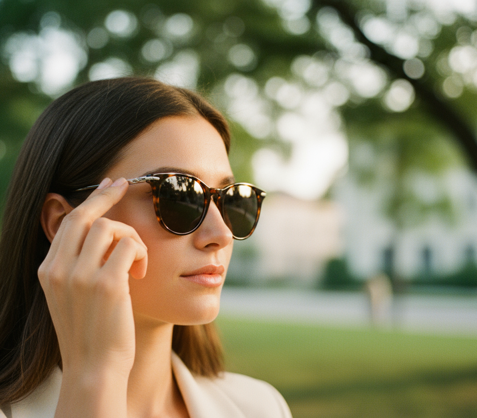 Generate a premium lifestyle photo: person in side or three-quarter profile gently adjusting the temple of Sunglasses outdoors. Focus on bridge contact and temple fit; background minimal with soft bokeh. Leave ~35% negative space on the RIGHT for text overlay. Natural light (late afternoon/open shade), clean skin tones, no lens glare. No visible brand logos. Full height portrait , for mobile. Object-fit: cover; focal point on face/temple contact area.
