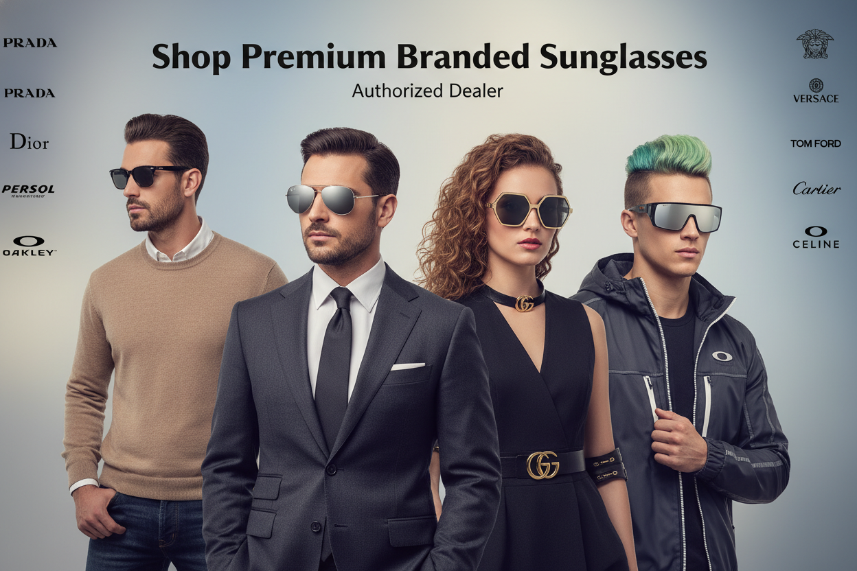 generate an image where different people wearing different BRANds sunglasses and Text written like Shop premium Branded by Authorized dealer, Showcasing different Brands