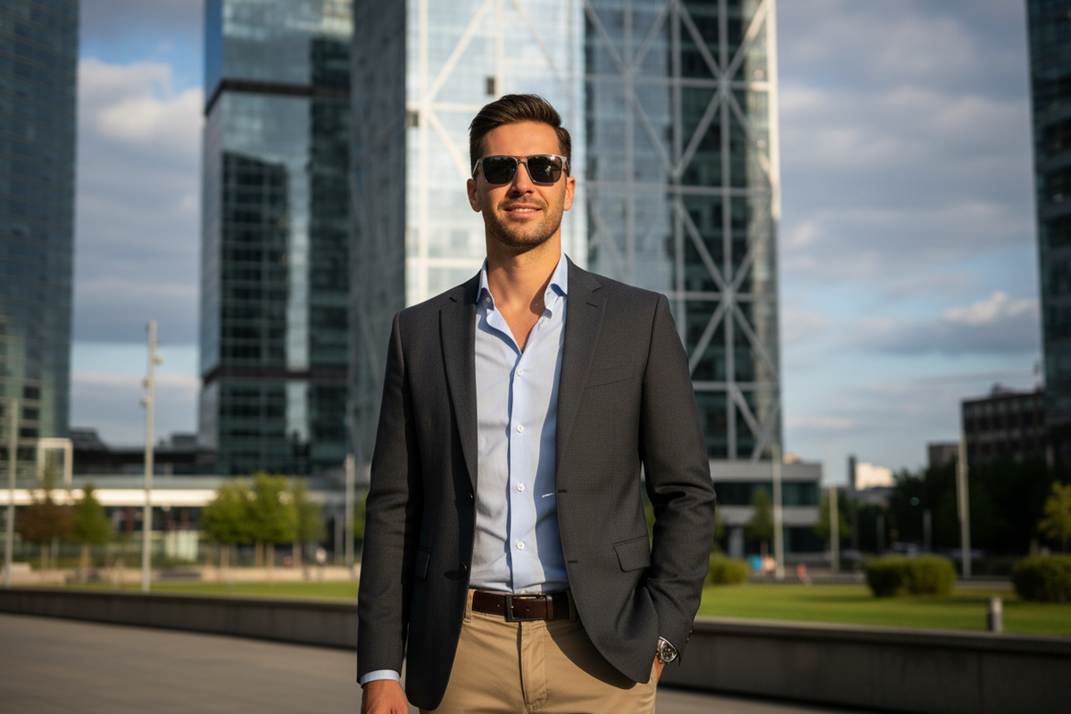 Man in a tailored or smart-casual outfit, wearing Hugo Brand sunglasses in a city or office-district environment.