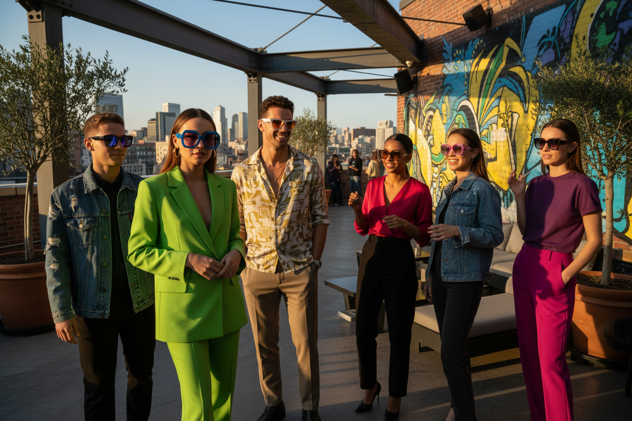 Stylish lifestyle shot with a younger model or mixed group wearing more fashion-forward frames (chunky, colored lenses, bold shapes), in a modern urban or social setting.