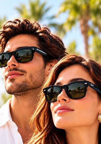 Couple wearing authentic designer sunglasses
